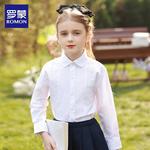 罗蒙女童衬衫长袖白色打底衬衣小学生幼儿园毕业校园服饰演出 蕾丝150