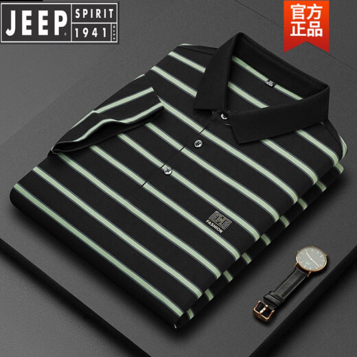 吉普（JEEP）高档夏季条纹T恤衫棉刺绣中年P0LO衫爸爸装现货保罗上衣男士新品 7371-深灰 M 48