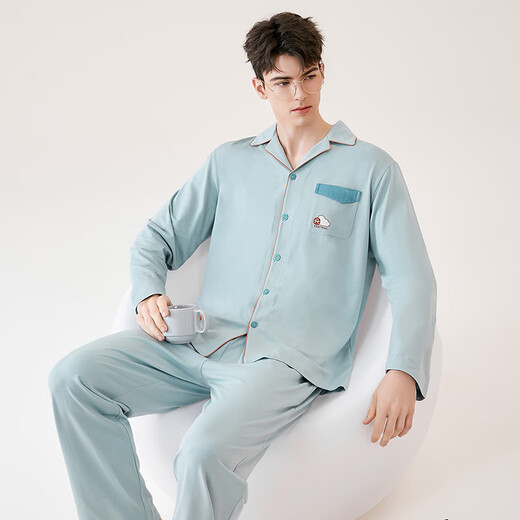 Fen Teng Fen Teng Couple Pajamas Soft Cotton Cotton Fan Chengcheng's Same Style Stars' Same Style 40 Count Cotton Mo Couple's Home Clothing Set Light Blue - Men's L