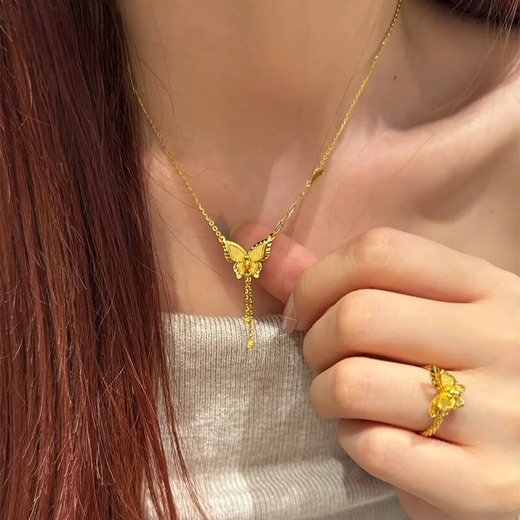 Shilian Gold Necklace Women's 999 Foot Butterfly Pendant Birthday Gift for Girlfriend on Valentine's Day Laser Butterfly Necklace 0.8g