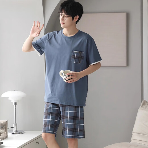 Cat men pajamas men's summer short-sleeved shorts for summer thin Xinjiang cotton stripes can be worn outside casual home clothing DGG-Z679 M [recommended to be 80-100 Jin [Jin equals 0.5 kg]]