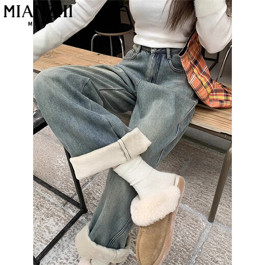 
Cotton American velvet thickened retro slim jeans for women in autumn and winter loose high waist draped straight-leg casual pants for women 683 retro blue [high quality without fleece 31.5] L 105-120Jin [Jin equals 0.5 kg]