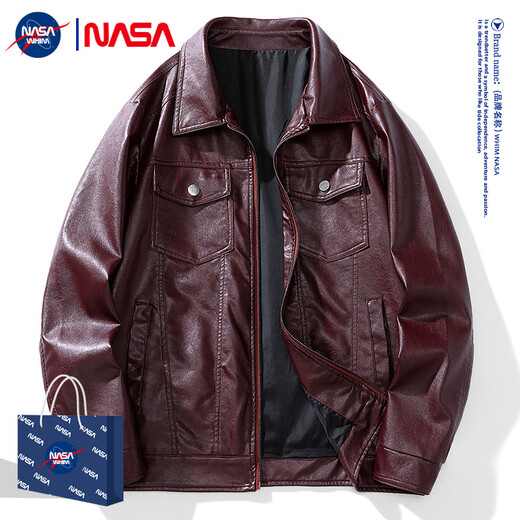 WHIM NASA Men's Leather Jacket Men's Spring American Casual Retro Leather Jacket for Young and Middle-aged Motorcycles Velvet Thickened Autumn and Winter Black 2XL