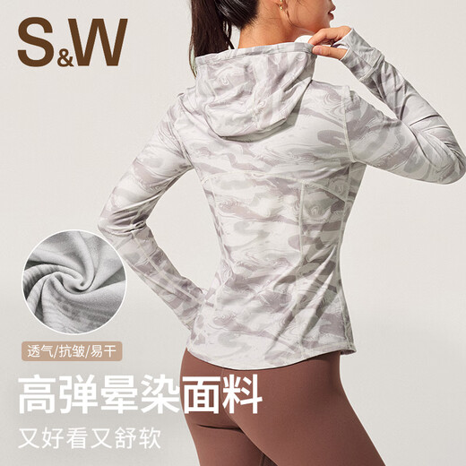 S&W Sports Jacket Women's Autumn Warm Printed Hooded Sports Fitness Yoga Wear Cycling Clothing Top Women Dark Black S