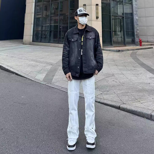 POUM美式高街排扣小众设计牛仔裤男生春秋季潮牌痞帅宽松休闲直筒长裤 WKXS-K691黑色 L
