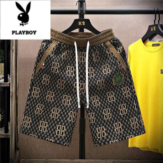 花花公子（PLAYBOY）冰丝短裤男士2025新款夏季运动休闲宽松中裤韩版潮流宽松沙滩裤 831深卡其布色 XL