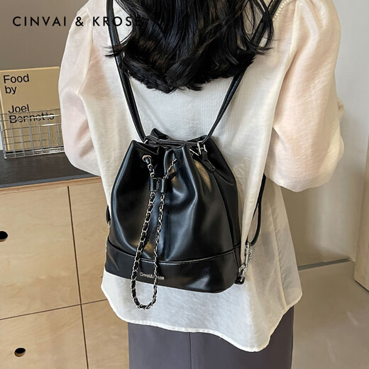 CinvaiKrose双肩包女新款链条背包大容量2025包包女单肩水桶包 黑色Black