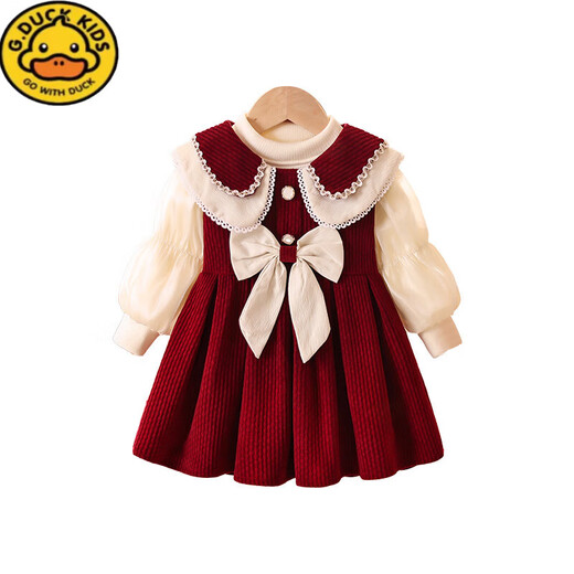 G.duck little yellow duck girls dress two-piece set 2026 autumn and winter new style baby one-year-old dress plus velvet princess dress red autumn and winter plus velvet 100 cm