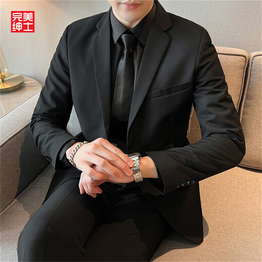 西服外套男轻熟风高级感修身单西休闲商务正装职业加大码伴郎西装 (单件装)黑色西装外套 XL 码140-155斤