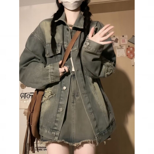Die bestickte Jeansjacke mit mittlerer Länge für Frauen im Frühjahr und Herbst 2025 Neues gerissenes Design Loose Retro Jacket Top Retro Blue Single Piece 12401# Retro Blue Single S (95jin [Jin ist gleich 0,5 kg])