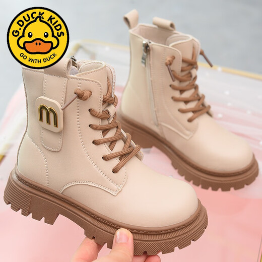 G.DuckKids Girls Bottes courtes Généreaux en cuir Martin Bottes 2025 Printemps et automne Nouveaux chaussures pour enfants mode peluche en cuir britannique Bottes en cuir moyen et gros enfants beige Single 26