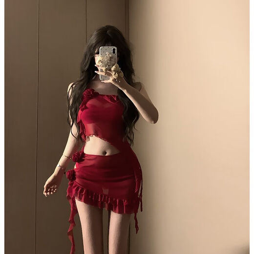 Yusiyi 2025 new seaside swimsuit women's bikini sexy outer wear fashion hot spring beach conservative Hong Kong style red Hong Kong style red four-piece set L