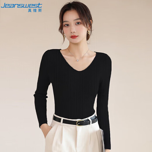 Jeanswest Knitwear Women's 2025 Autumn Slim V-neck Long Sleeve Bottoming Knitwear Inner Top Women's Black One Size