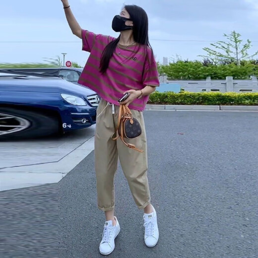 哈夫朵大码女装胖妹妹夏季套装女洋气显瘦条纹短袖T恤百搭休闲裤子女 1389火龙果上衣+裤子 【套装】 2XL 【建议130-145斤】