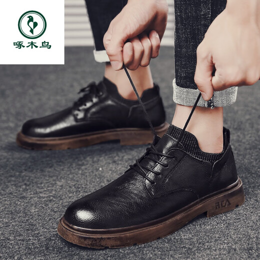 Woodpecker casual leather shoes British business formal wear men's shoes 2025 spring and autumn new trendy versatile retro socks genuine leather casual shoes black (9921) 39
