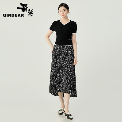 GIRDEAR women's clothing 2025 spring and summer new style fine pit strip contrasting color peach heart collar short sleeve ice silk sweater women 138005 black L (4 sizes)