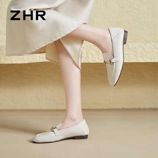 ZHR乐福鞋女春秋通勤风平底小皮鞋女软面一脚蹬单鞋女 AH653 米色 37
