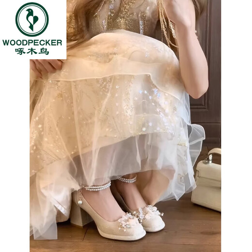 啄木鸟粗跟玛丽珍高跟鞋女公主新中式旗袍秀禾婚纱两穿婚鞋新娘伴娘单鞋 杏色（Z688-8） 33