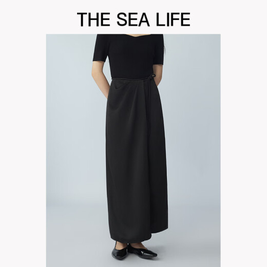 THE SEA LIFE半裙女欧海一生 冰丝半身裙2025春开衩松紧腰黑色长裙XC15265 黑法师 XL