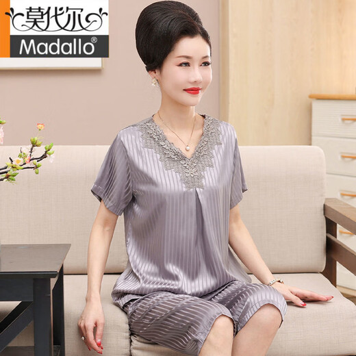 莫代尔冰丝睡衣女夏季妈妈短袖五分裤套装中老年大码家居服仿真丝 826 3XL 建议155-175斤