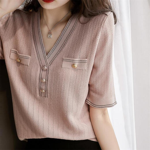 
Pier Cardin small fragrance style v-neck slim short-sleeved women's T-shirt age-reducing 2025 summer women's ice silk sweater breathable thin top DX677# pink. S recommended 85-100Jin [Jin equals 0.5 kg]