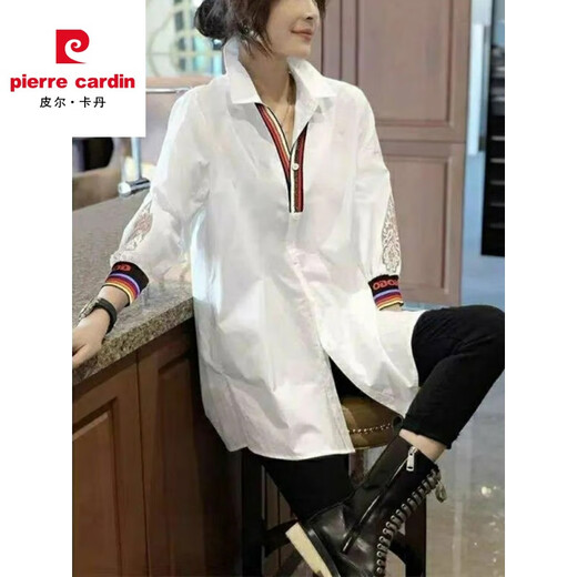 Pierre Cardin European station 2025 spring and summer white mid-length long-sleeved shirt women's loose large size fashionable casual cotton shirt white 6081# in stock 3XL recommended 146-155