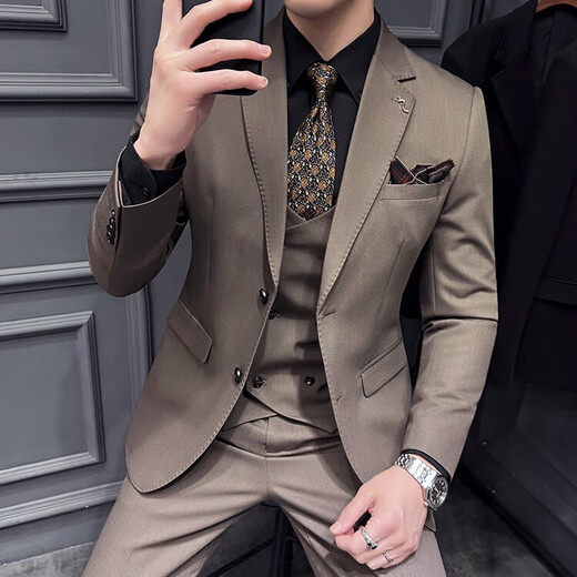 Jason's High Quality Casual Suit Suit Men's British Wedding Groom's Dress Business Formal Two Button Suit Three Piece Suit Brown (Suit + Shirt + Pants) L (Suitable for 111-125 Jin Jin equals 0.5 kg)