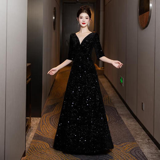 Zhufan annual meeting host clothing female chorus performance clothing host conductor piano performance high-end sequined evening dress red 3XL