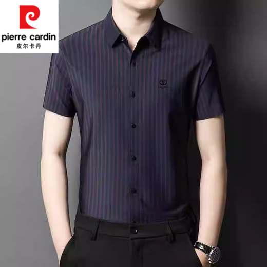 皮尔卡丹（pierre cardin）长袖衬衫男条纹桑蚕丝新款春秋中年商务休闲大码免烫衬衣T恤上衣 9928黑色【长】 L 170建议120-135斤