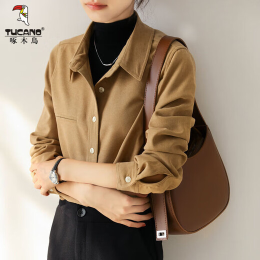 Woodpecker thickened brushed layered long-sleeved shirt women's autumn and winter retro pure cotton shirt versatile commuting professional top 8510 coffee color S