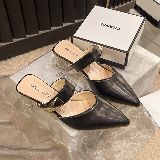 Pequeño tamaño de la bolsa de la bolsa media para mujeres en el verano Wear 2025 Nuevo temperamento francés Tacón grueso zapatillas individuales zapatillas altas tacón negro (Rongda/9923) 38