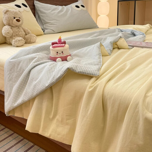 Enxing summer cream style machine washable cotton summer cool quilt set of three or four pieces for student dormitory single solid color thin air-conditioned quilt washed cotton-big eyes summer quilt milk yellow small blue grid children's summer quilt-100x150cm