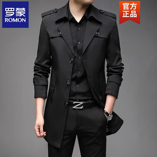ROMON spring, autumn and winter men's windbreaker mid-length 2026 iron-free casual jacket solid color business men's jacket trendy top 808 black 2XL 180