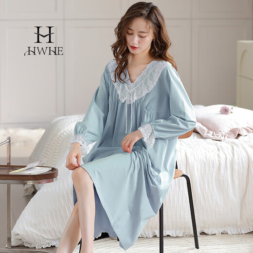HWHE轻奢品牌长袖睡裙女春秋款带胸垫公主风秋冬季女款家居服长裙 673波绿(带胸垫) L 100-125斤