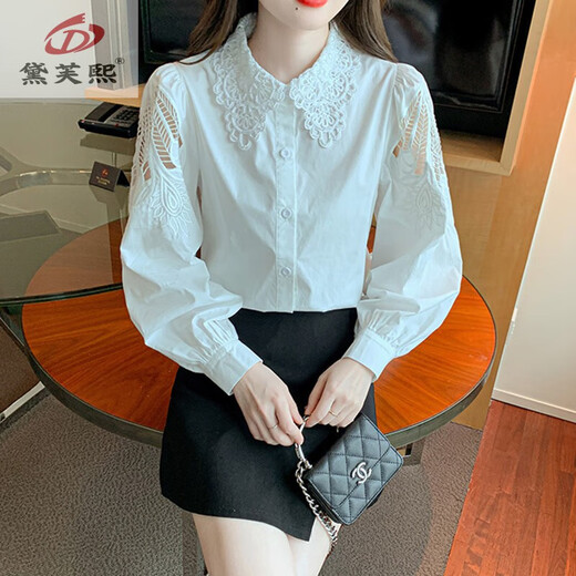 黛芙熙刺绣棉衬衫女2025年秋装新款时尚绣花白色衬衣宽松百搭长袖上衣 CY9227 白色 L 【建议111-120斤】