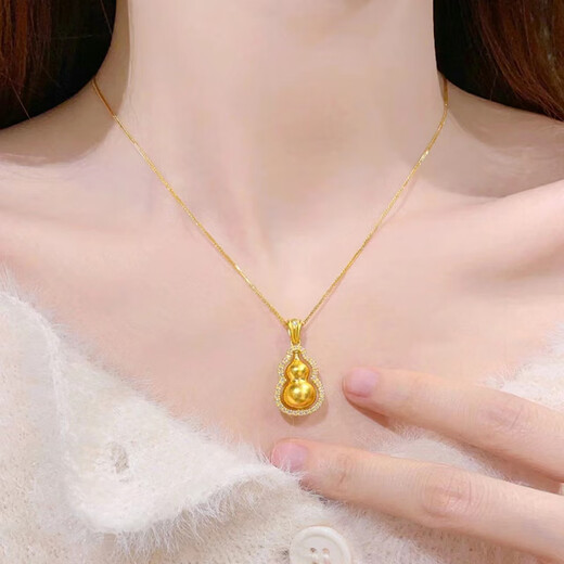 Shien gold necklace 18K women's ancient gold Chopin chain 3D hard gold double-sided Fulu turning point diamond gourd pendant 2024 hot style gourd + bead chain