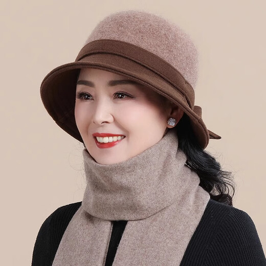 Hengyuanxiang middle-aged and elderly women's autumn and winter elegant temperament hat for mother's birthday gift, coffee color