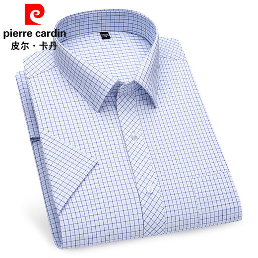 皮尔卡丹（pierre cardin）短袖衬衫男夏季薄款商务休闲格子条纹寸衫中年爸爸带口袋白色衬衣 DX6626 39