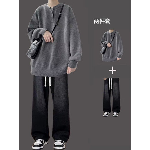 
VZVG design sense sweater trendy spring and winter two-piece set for men's outfit a set of handsome student teenagers casual suit a[2-piece] 5009 sweater light gray + 7013 cow 3XL