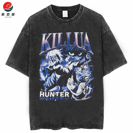 
Jueslang animation full-time hunter hunter x hunter retro old summer cotton washing short-sleeved T-shirt for men and women washing black B1301 XL