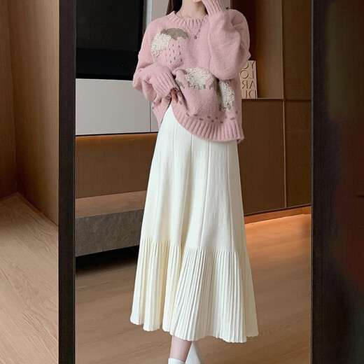 Little Elephant White Knitted Skirt Autumn and Winter 2025 New Pleated Skirt Skirt Winter Skirt A-Line Skirt Long Skirt for Short People Soft and Glutinous Pleated Knitted A-Line Skirt One Size
