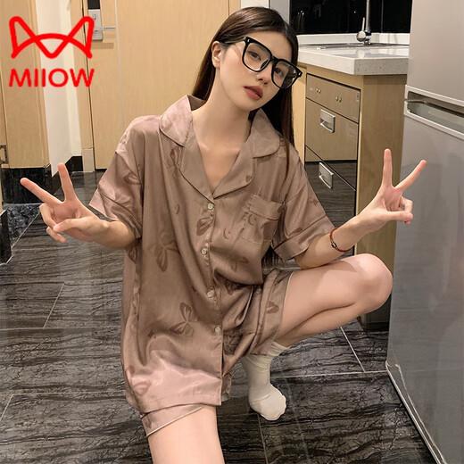 Catman (Miiow) Nuevo pijama de estilo chino para mujeres en verano se puede usar un nuevo estilo de manga corta para el verano con la ropa del hogar de seda real de hielo delgado BS13077 Butterfly M