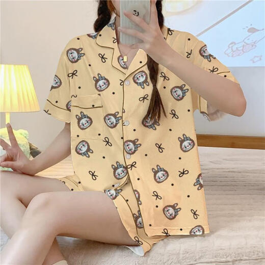 JIACAO 2025 NEUER LABUBU-Cartoon süßer Pyjamas für Frauen im Frühling und Sommer kurzärmelige Hose dreiteiliger Set für Heimkleidung außerhalb von 14132# Doppel-Länge-Spitzen-Tuch-Tuchs-Set XL 110-130jin [Jin gleich 0,5 kg]