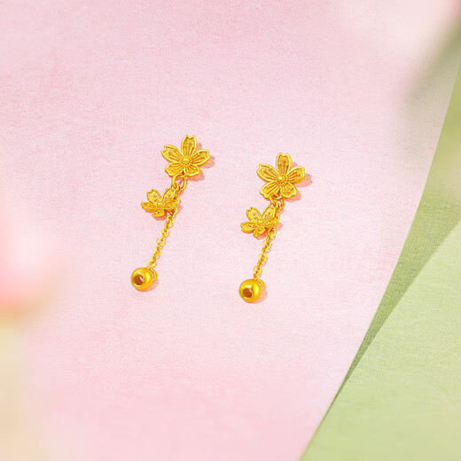 周六福樱花黄金耳坠女足金耳饰花朵七夕礼物计价A0914959 一对 约1.36g