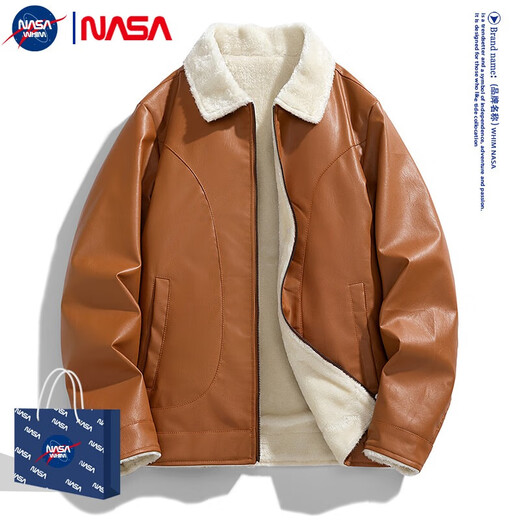 WHIM NASA Men's Leather Jacket Men's Spring American Casual Retro Leather Jacket for Young and Middle-aged Motorcycles Velvet Thickened Autumn and Winter Black 2XL