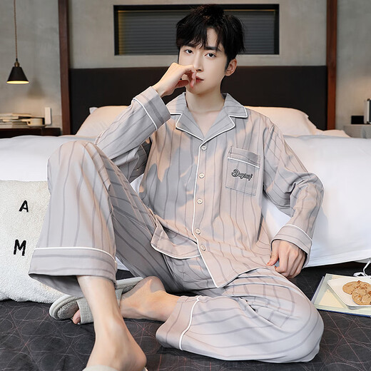 Pyjamas modal printanier et automne pour hommes purs en coton pure de grande taille à manches longues décontractées, le style d'été et d'hiver peut être porté à l'extérieur pour les vêtements à domicile omm12014 xl (recommandé 130-150jin [Jin est égal à 0,5 kg]))