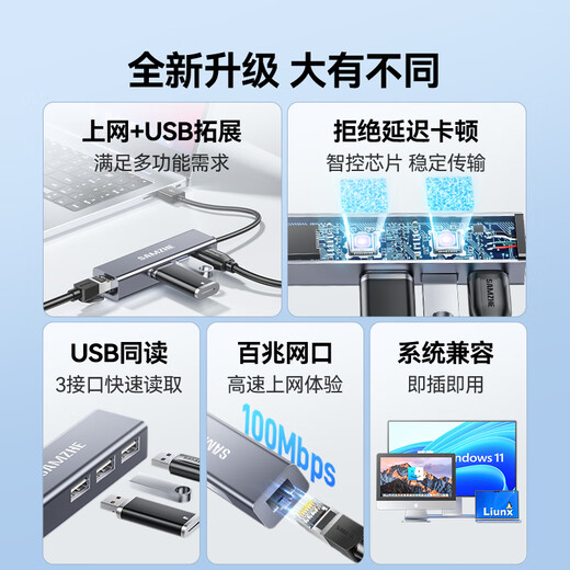山泽 USB分线器转网口扩展坞RJ45百兆有线网卡HUB拓展转换器笔记本电脑台式机网线接口UWH14-S