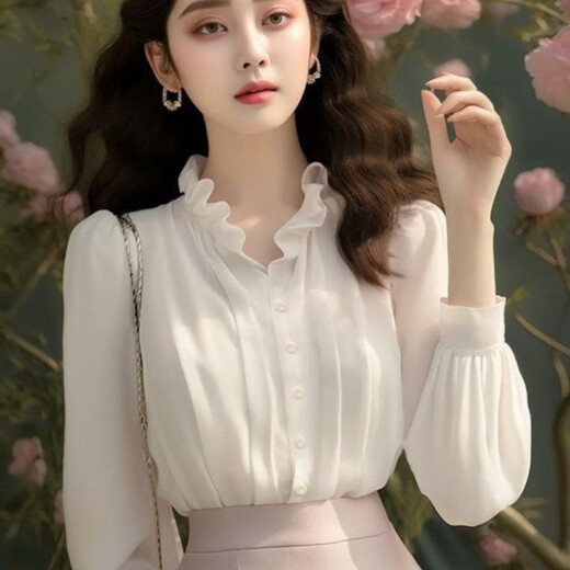 MODX temperament fungus collar white shirt 2025 European small shirt this year's popular beautiful tops for women white shirt S 80-100Jin Jin is equal to 0.5 kg