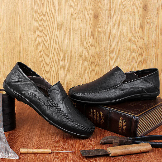 Dragonfly brand 100% genuine cowhide special price off-size casual leather shoes for men summer slip-on soft sole dad business leather shoes 8008 black genuine leather 40