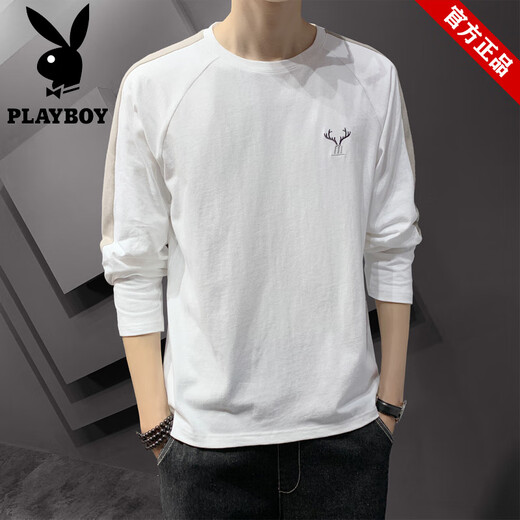 花花公子（PLAYBOY）品牌纯棉长袖t恤男装春夏季宽松刺绣打底衫上衣男款潮牌圆领卫衣 692杏色+980灰色【共2件】 3XL (约155-170斤可穿)